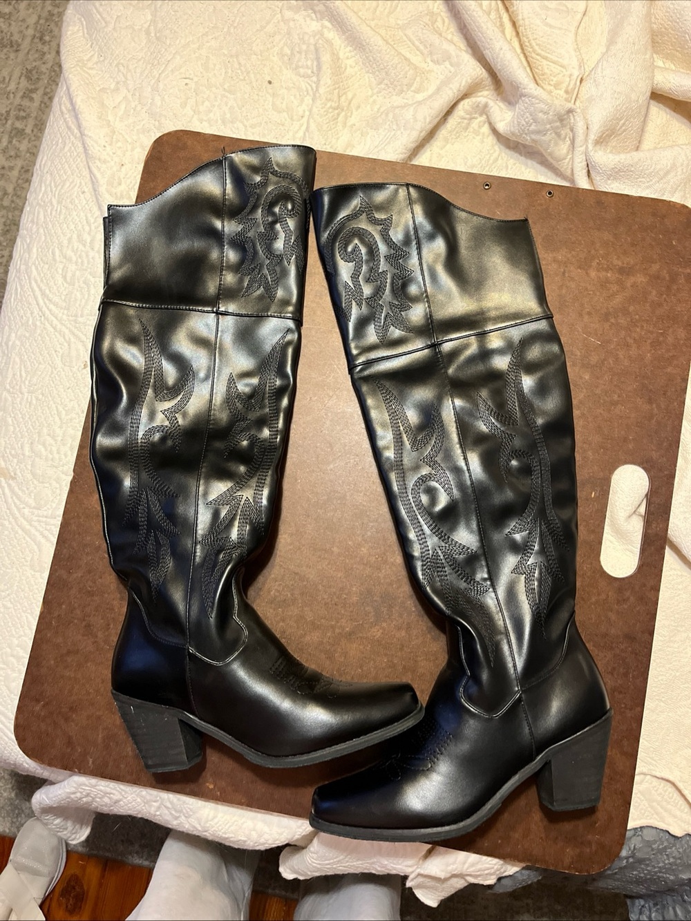 Black Over the Knee Faux Leather Western Cowboy Block Heel Boots SZ40 US9-9.5